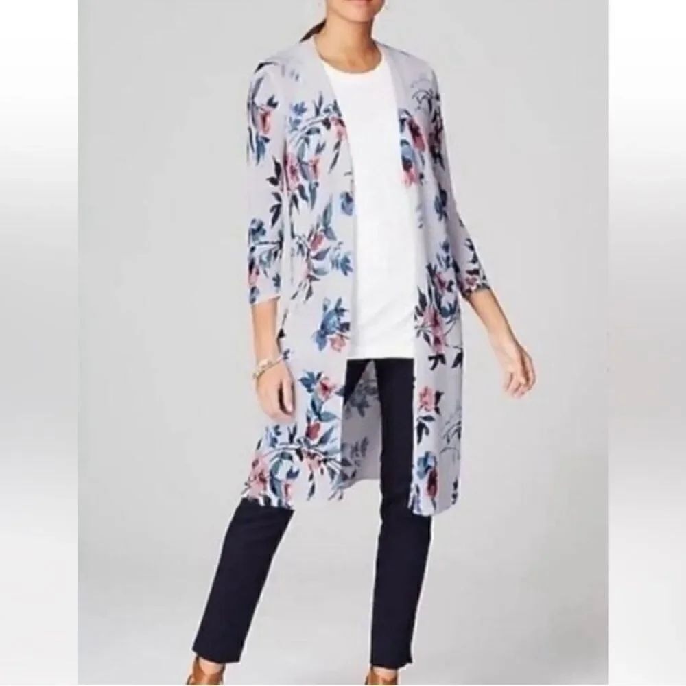 J. Jill Linen Blend White Floral Print Open Front Duster Cardigan Size L